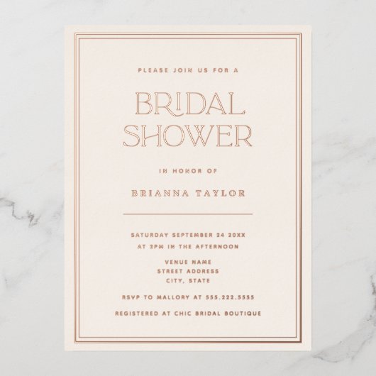 モダンクラシックバラ金ゴールドブライダルシャワー 箔招待状ポストカード (正面)