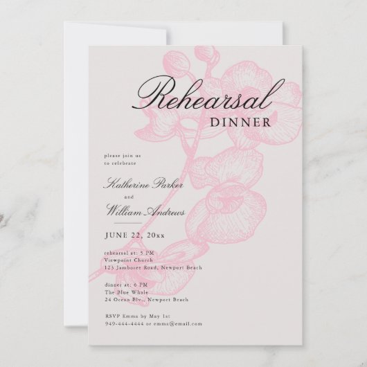 モダンクラシックピンクオーキッドスケッチリハーサルディナー 招待状 (正面)