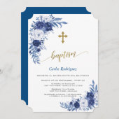 モダンクラシックブルーフラワーズクロスボーイバプテスマ 招待状 (正面/裏面)