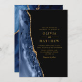 モダンクラシックブルー金ゴールド結婚アガテ 招待状 (正面/裏面)