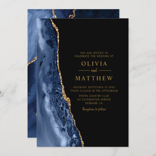 モダンクラシックブルー金ゴールド結婚アガテ 招待状 (正面/裏面)