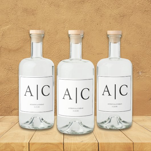 モダンクラシックホワイトモノグラム結婚ズ リキュールボトルラベル