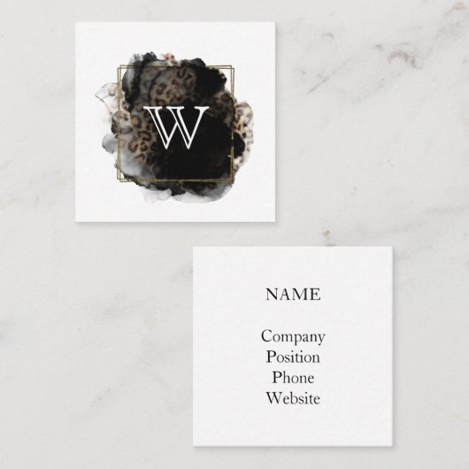 モダンクラシックモノグラムイニシャルブラック金ゴールドヒョウ スクエア名刺 (正面/裏面)