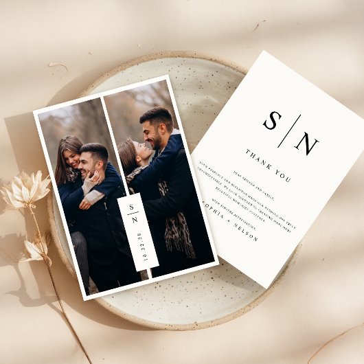 モダンクラシックモノグラム結婚写真 サンキューカード