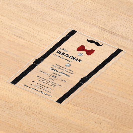 モダンクラシックリトル紳士かわいい赤ちゃんシャワー アクリル招待状 (レイダウン)