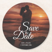 モダンクラシック写真エレガントな結婚式の日付を保存 ラウンドペーパーコースター (正面)