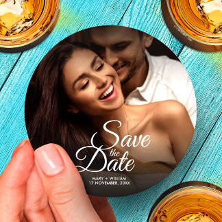 モダンクラシック写真エレガントな結婚式の日付を保存 ラウンドペーパーコースター