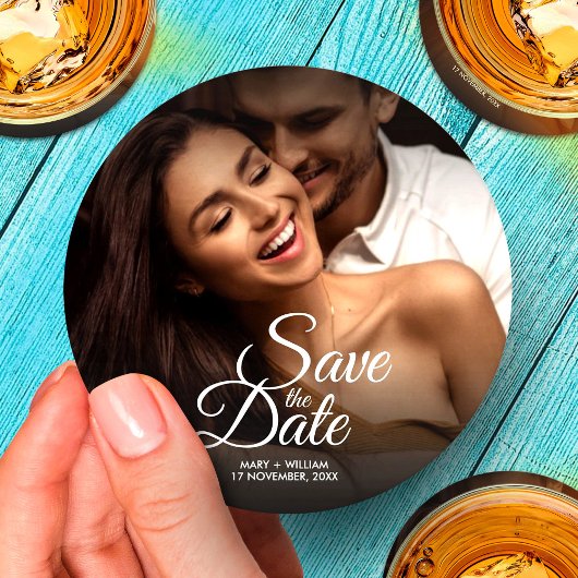 モダンクラシック写真エレガントな結婚式の日付を保存 ラウンドペーパーコースター