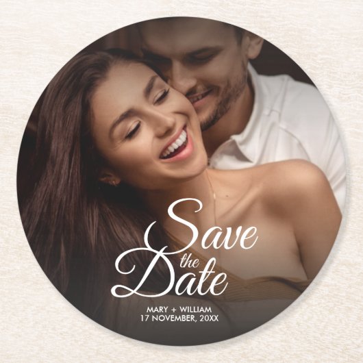 モダンクラシック写真エレガントな結婚式の日付を保存 ラウンドペーパーコースター (正面)