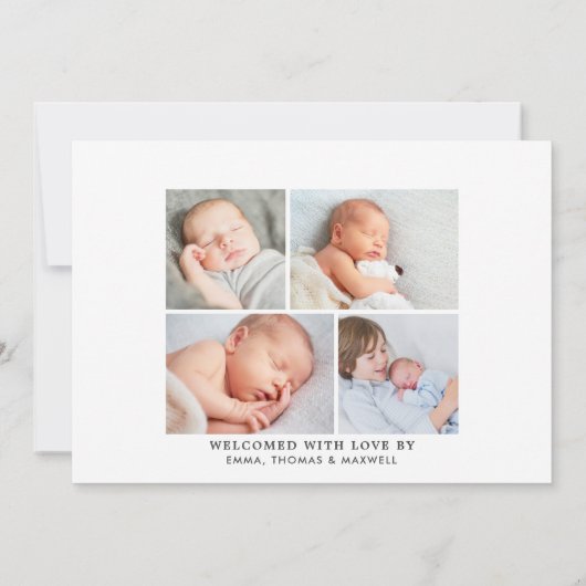 モダンクラシック男の赤ちゃんフォトコラージュ誕生 案内状 (裏面)