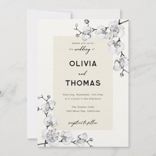 モダンクラシック白黒蘭のフラ結婚ーム 招待状 (正面)