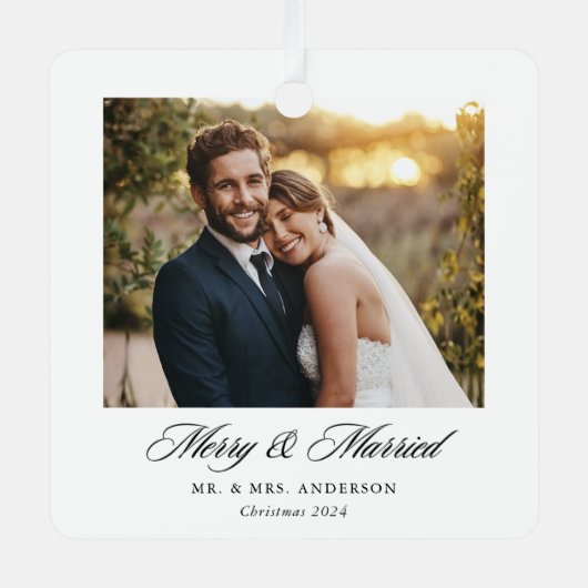 モダンクラシック結婚したメリーと結婚の写真 メタルオーナメント (正面)