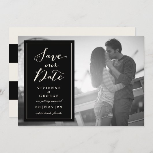 モダンクラシック黒い箱のプレート写真の日付を保存 招待状 (正面/裏面)