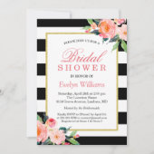 モダンクラシック黒ストライプフローラブライダルシャワー 招待状 (正面)