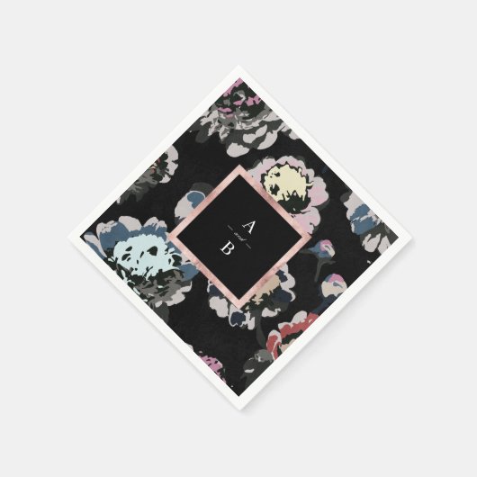 モダンクラシック黒抽象芸術フローラモノグラム スタンダードカクテルナプキン (角)