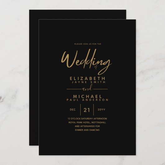 モダンクラシック黒金ゴールド予算の結婚式の招待 招待状 (正面/裏面)