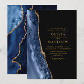 モダンクラシック ブルー ゴールド アゲート ウェディング 招待状 (正面/裏面)