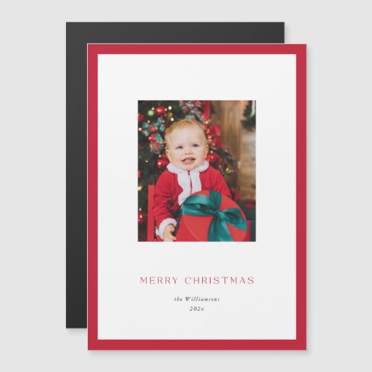 モダンクラシックRed Frame Christmas Photo Card マグネット招待状 (正面/裏面)