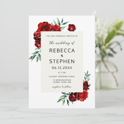 モダンクラシックRed Roseアイボリーフローラ結婚フレーム 招待状 (スタンド正面)