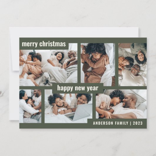 モダンクリスマスのお正月6枚フォトコラージグリーン シーズンカード (正面)