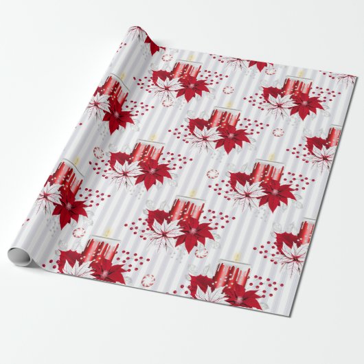 モダンクリスマスのキャンドルポインセティアスホリデー ラッピングペーパー (アンロールド)