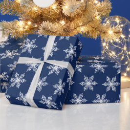 モダンクリスマスのネイビーブルーと白の雪 ラッピングペーパー