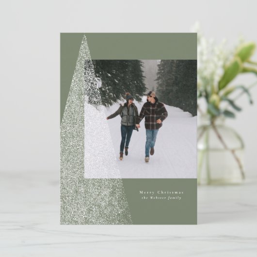 モダンクリスマスの木のセージ緑の1枚の写真 シーズンカード (スタンド正面)