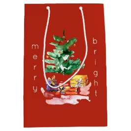 モダンクリスマスの木メリーと明るいミニマル ミディアムペーパーバッグ
