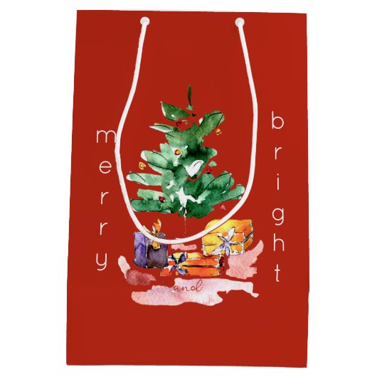 モダンクリスマスの木メリーと明るいミニマル ミディアムペーパーバッグ (裏面)