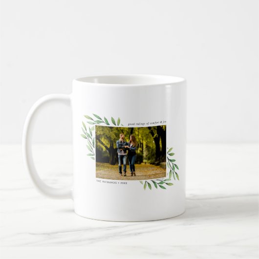 モダンクリスマスの水の色の緑色写真 コーヒーマグカップ (左)