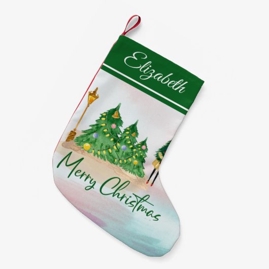 モダンクリスマスの水彩緑の木 スモールクリスマスストッキング (正面 (吊り時))