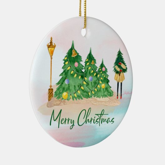 モダンクリスマスの水彩緑の木 セラミックオーナメント (右)