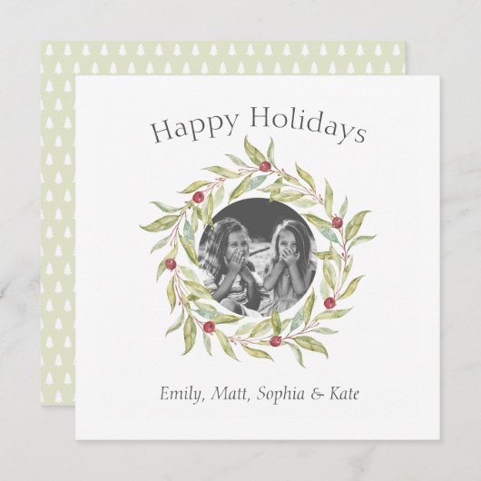 モダンクリスマスの緑の果実リース写真 シーズンカード (正面/裏面)