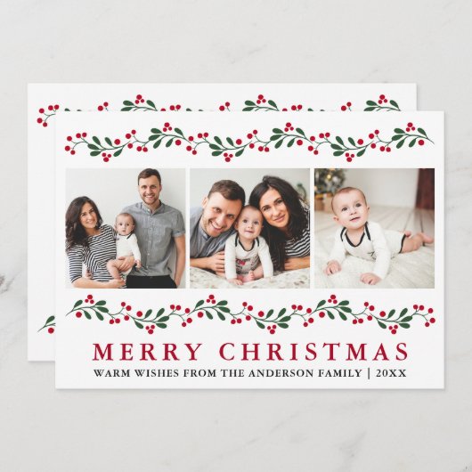 モダンクリスマスの緑の果実3写真 シーズンカード (正面/裏面)