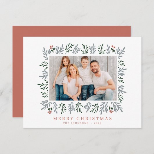 モダンクリスマスの葉と実の植物 シーズンカード (正面/裏面)