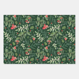 モダンクリスマスの葉樹林と素朴ストライプ ラッピングペーパーシート