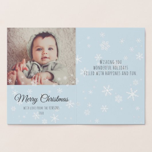 モダンクリスマスの雪のメッセージファミリー写真 箔カード (内部)
