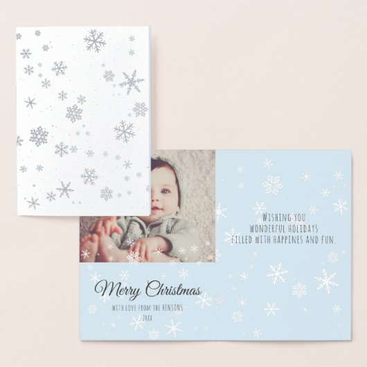 モダンクリスマスの雪のメッセージファミリー写真 箔カード (ディスプレー)