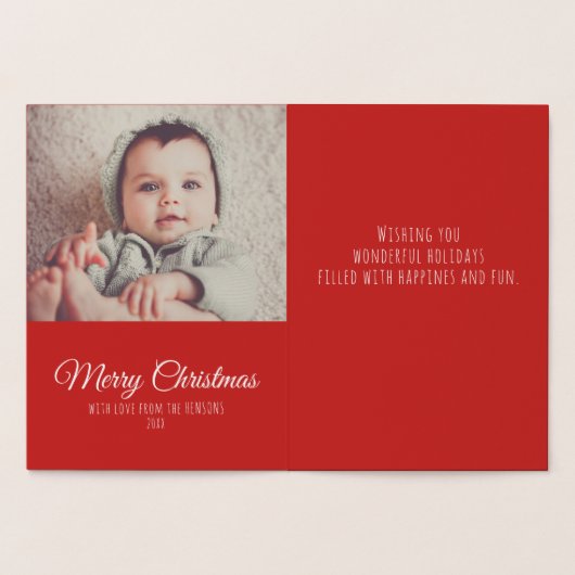 モダンクリスマスの雪のメッセージファミリー写真 箔カード (内部)