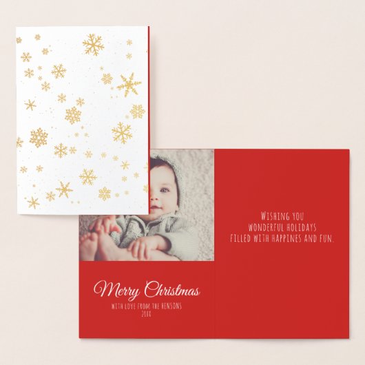 モダンクリスマスの雪のメッセージファミリー写真 箔カード (ディスプレー)