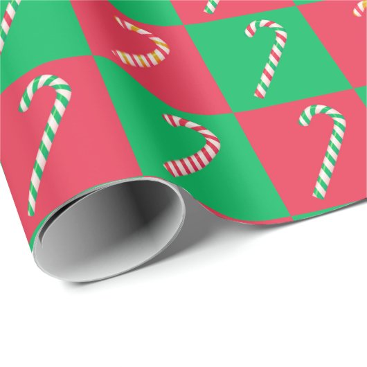 モダンクリスマスは赤い緑のキャンディーケーンをチェック ラッピングペーパー (ロールコーナー)