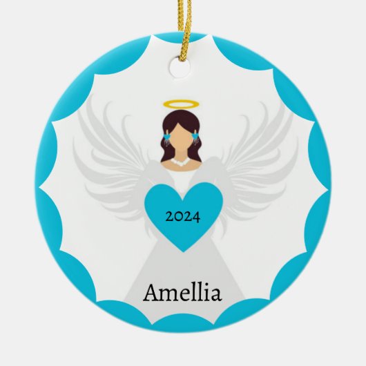 モダンクリスマスエンジェルブルーハートカスタム年の名前 セラミックオーナメント (正面)