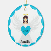 モダンクリスマスエンジェルブルーハートカスタム年の名前 セラミックオーナメント (左)
