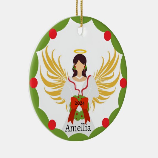 モダンクリスマスエンジェルレッドグリーンホリーリース名 セラミックオーナメント (右)