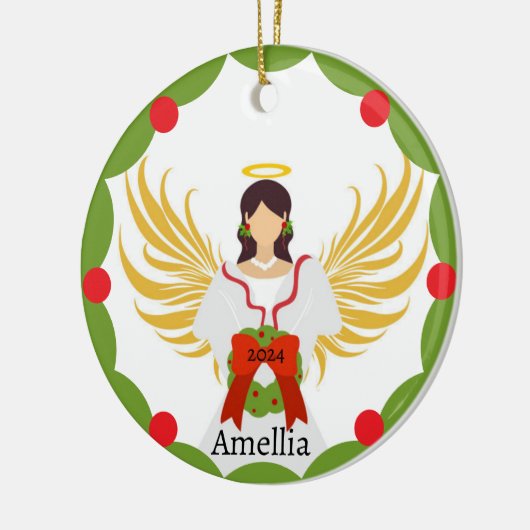 モダンクリスマスエンジェルレッドグリーンホリーリース名 セラミックオーナメント (左)