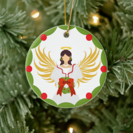 モダンクリスマスエンジェルレッドグリーンホリーリース2024 セラミックオーナメント