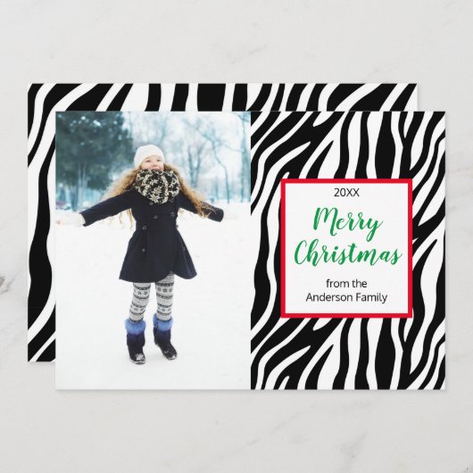 モダンクリスマスカスタムゼブラストライプ写真 シーズンカード (正面/裏面)