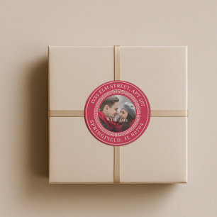 モダンクリスマスカップル写真差出人住所ラベル ラウンドシール