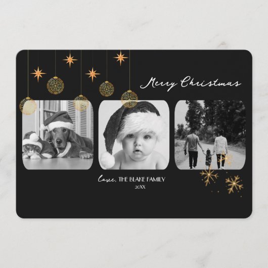 モダンクリスマスカード | 金ゴールドエレガントトリプル写真 シーズンカード (正面)