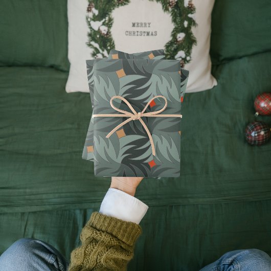 モダンクリスマスグリーンパターン ラッピングペーパーシート